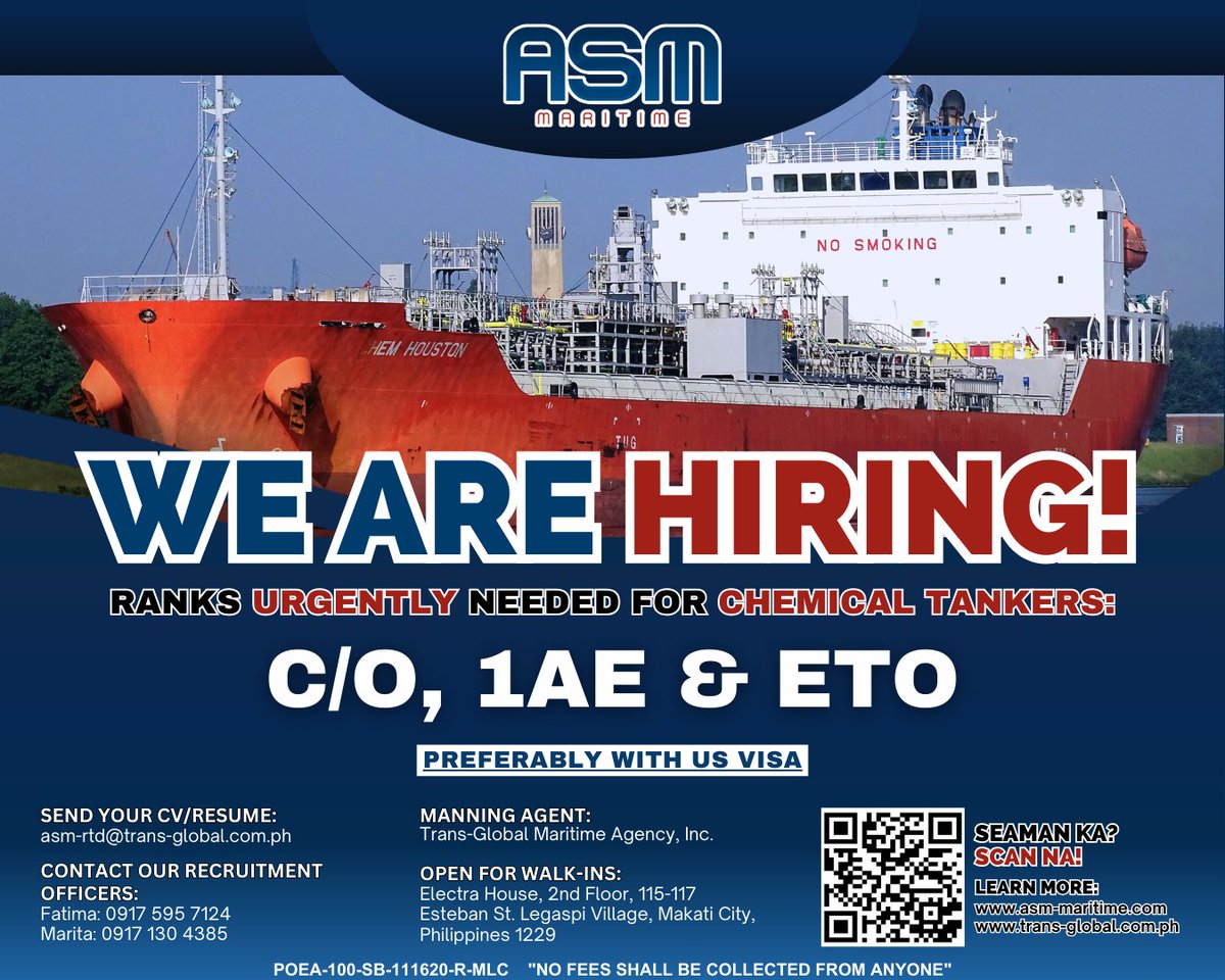 📢 Ignite your passion for a life at sea and join 𝗔𝗦𝗠 𝗠𝗔𝗥𝗜𝗧𝗜𝗠𝗘!

Send your CV/Resume:
asm-rtd@trans-global.com.ph

POEA-100-SB-111620-R-MLC 'NO FEES SHALL BE COLLECTED FROM ANYONE' #hiring #careeratsea #maritimejobs #transglobalmaritime