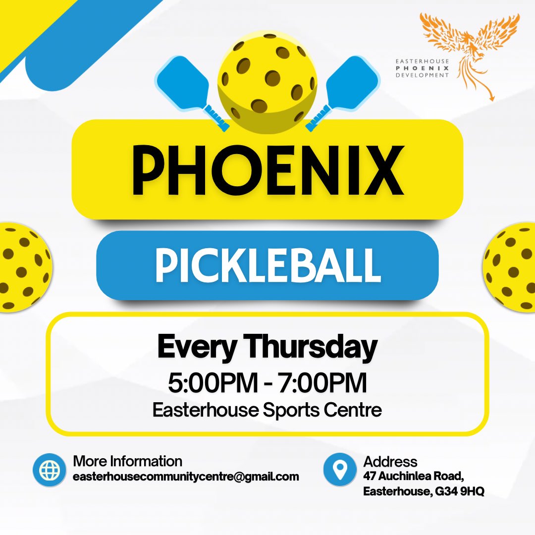 Phoenix Pickleball takes place tonight in Easterhouse Sports Centre between 5-7pm😃

The participants who are coming along each week are improving their skills every week. Priced at £2 per session with your first session FREE❗️
