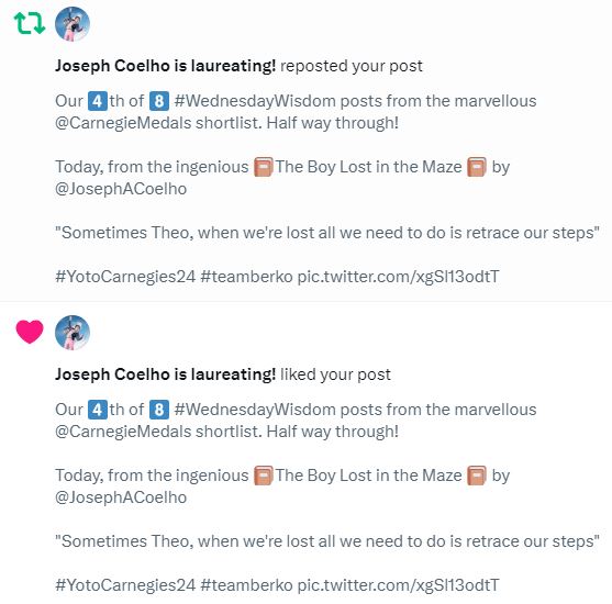 Our work here is 𝗗𝗢𝗡𝗘 💁🏽‍♀️
We only went & got 'liked' & 'reposted' by the one, the only, @JosephACoelho , the current @Waterstones Children's Laureate
🤯😆
*𝑠𝑞𝑢𝑒𝑎𝑙𝑠 𝑤𝑖𝑡𝘩 𝑒𝑥𝑐𝑖𝑡𝑒𝑚𝑒𝑛𝑡*

#YotoCarnegies24
#WednesdayWisdom
#GreatSchoolLibraries
#TeamBerko