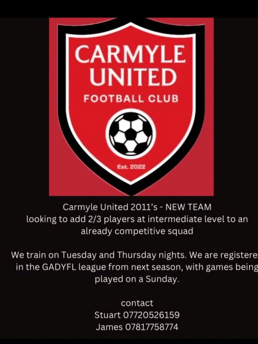 Intermediate level players wanted, need a new challenge? looking to command more game time? Carmyle United are a new team based in Glasgows east end, get in touch if intrested to arrange a trial and get on board in time for next season.<a href="/syfawest/">SYFA West Region</a> @fixturefinderGR @TeamfinderScot1
