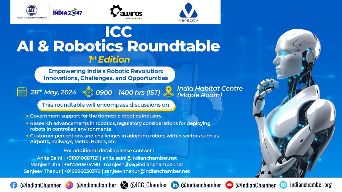 Join us for ICC AI & Robotics Roundtable, the 1st Edition Automation in Travel Industry. 📅 Date: 28th May, 2024 🕒 Time: 0900-1400 hrs (IST) 🏛️ Venue: India Habitat Centre (Maple Room) Topics include government support for robotics, research advancements, deploying robots, and…