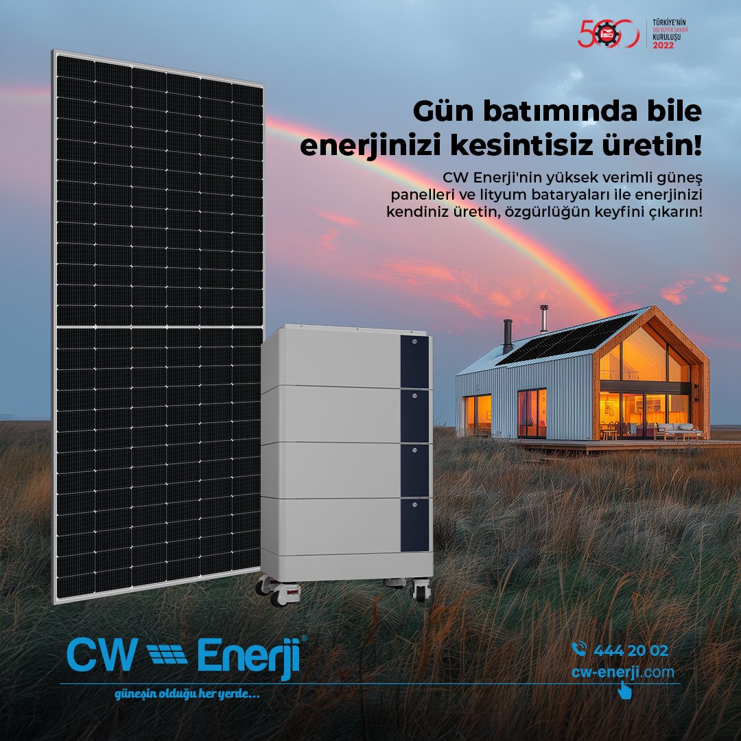 Gün batımında bile enerjinizi kesintisiz üretin. CW Enerji'nin yüksek verimli güneş panelleri ve lityum bataryaları ile enerjinizi kendiniz üretin, özgürlüğün keyfini çıkarın! #cwene #cwenerji