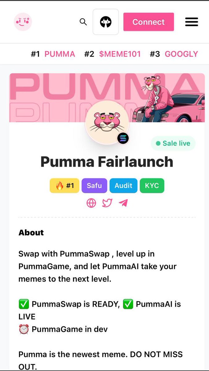 PummaToken's tweet image. 🚀 Pumma is not here to play! We are trending #1 on Pinksale! The temperature is getting higher! We are breaking all barriers! You snooze on this, you loose on this!   

🎉 Join us as we continue to dominate Pinksale and move to moon! Pinksale link: pinksale.finance/solana/launchp……