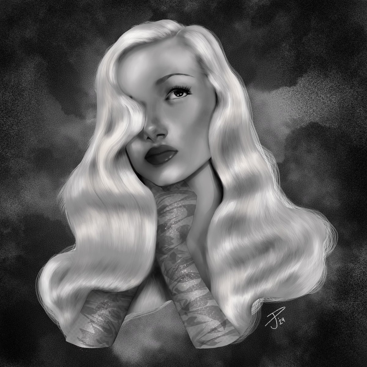 Noir x MerMay 
Week 1 prompt 'Mermaid hairstyle in film Noir'
11 hours to complete, digital drawing of Veronica Lake's iconic mermaid hair. 🧜🏼‍♀️ 
#veronicalake #noirvemberart #noirmermay #mermaidhair