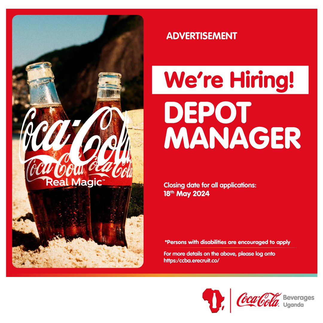 JOBALERT 🚨 
@CocaColaBevUg is hiring a Depot Manager.
If you have at least 3 years of experience in logistics management & a bachelor's degree in transport and logistics management or any other related field.
Details: ccba.erecruit.co

#Jobclinicug #jobs #hiring #ApplyNow