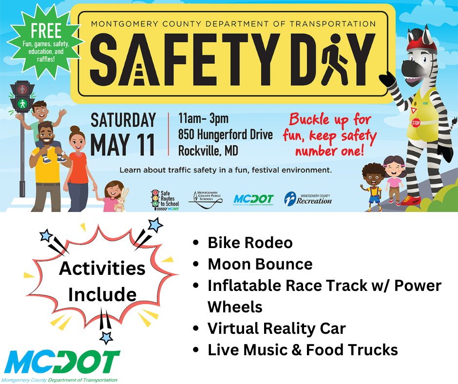 🚸This Saturday🚸 Bring the whole family to enjoy interactive and educational experiences with safety demonstrations, workshops, and hands-on activities tailored for all ages.🔗bit.ly/3ws5Jb6 @MoCoRec @MyGreenMC @RideOnMCT @ESFCU @MCPL_Libraries @mcpnews @AAHI_Info