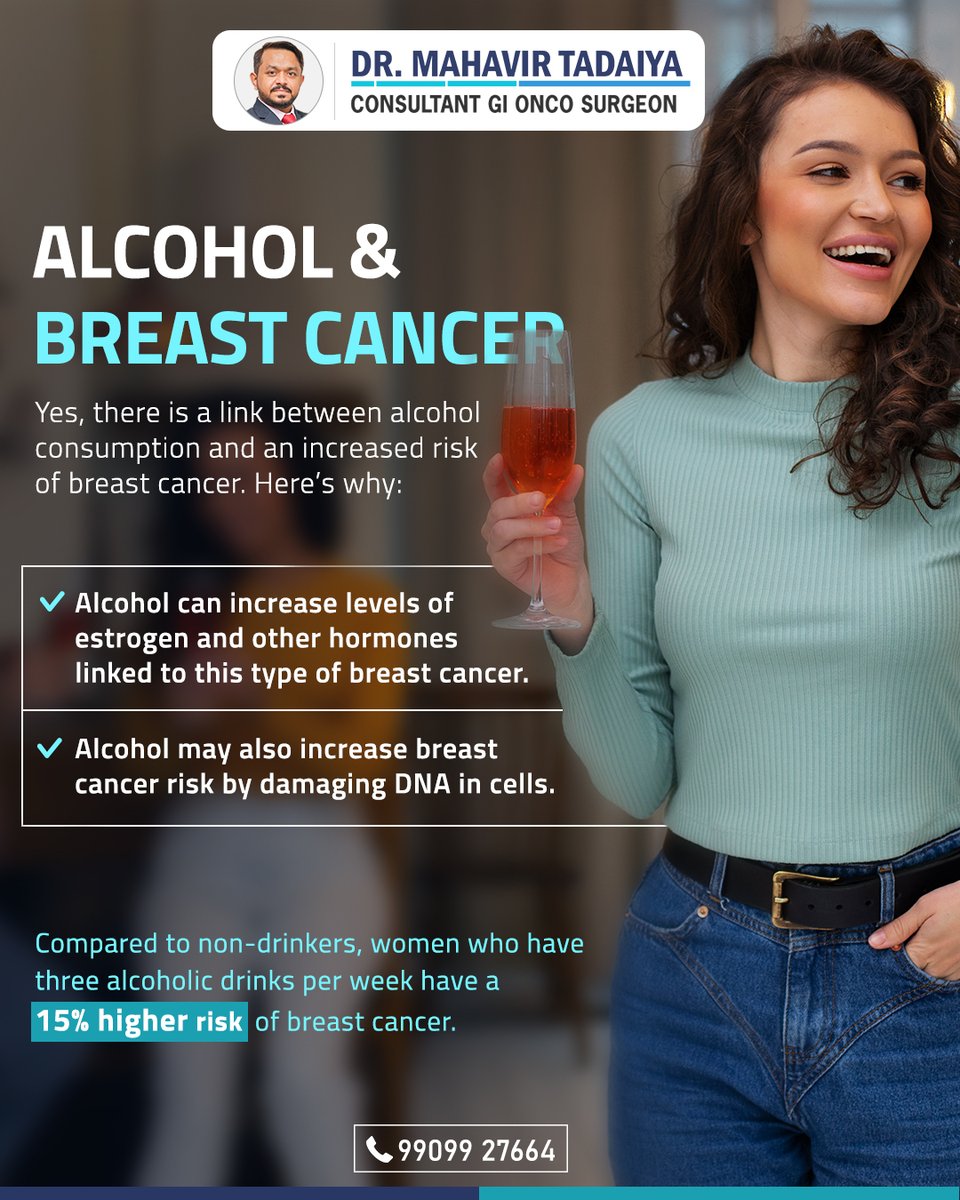 Studies show alcohol can increase breast cancer risk.  Limit alcohol intake for a healthier you. Here's why.

#BreastCancer #BreastCancerPrevention #CancerAwareness #DrMahavirTadaiya #CancerSurgeon #Ahmedabad