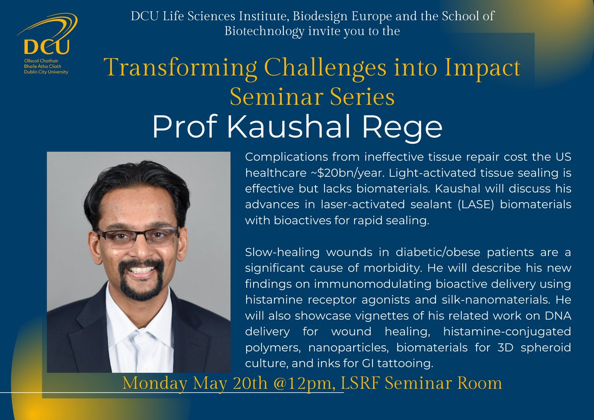 We're very excited to welcome Prof @KaushalRege_Lab from @ASUBiodesign to @DCUBiodesign on Monday, May 20th. Prof Rege will present as part of our #TransformingChallengesIntoImpact series. Find out more & RSVP at the link; sites.google.com/dcu.ie/transfo… @DCU @DCU_Research