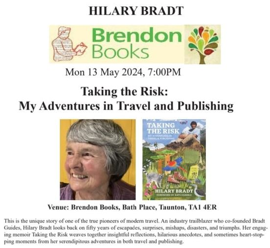 Looking forward to welcoming @hilarybradt Bradt Guides to Brendon Books to speak about her new book Taking The Risk, an engaging, insightful, amusing and sometimes alarming memoir about serendipitous adventures. #discoverbathplace @top fans @followers ticketsource.co.uk/brendonbooks/t…