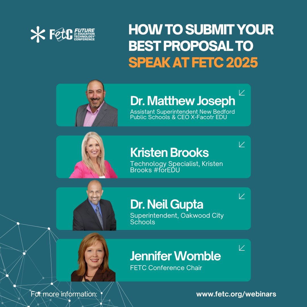 ⌚️Siri-Set an alarm for 7pm tonight so I don’t miss the @fetc webinar Thx! ⏰ I’m excited to join @drneilgupta @JenWomble & @MatthewXJoseph to provide insights & ideas to help educators create a proposal to speak at #FETC Jan 2025. Register: event.on24.com/wcc/r/4582880/…