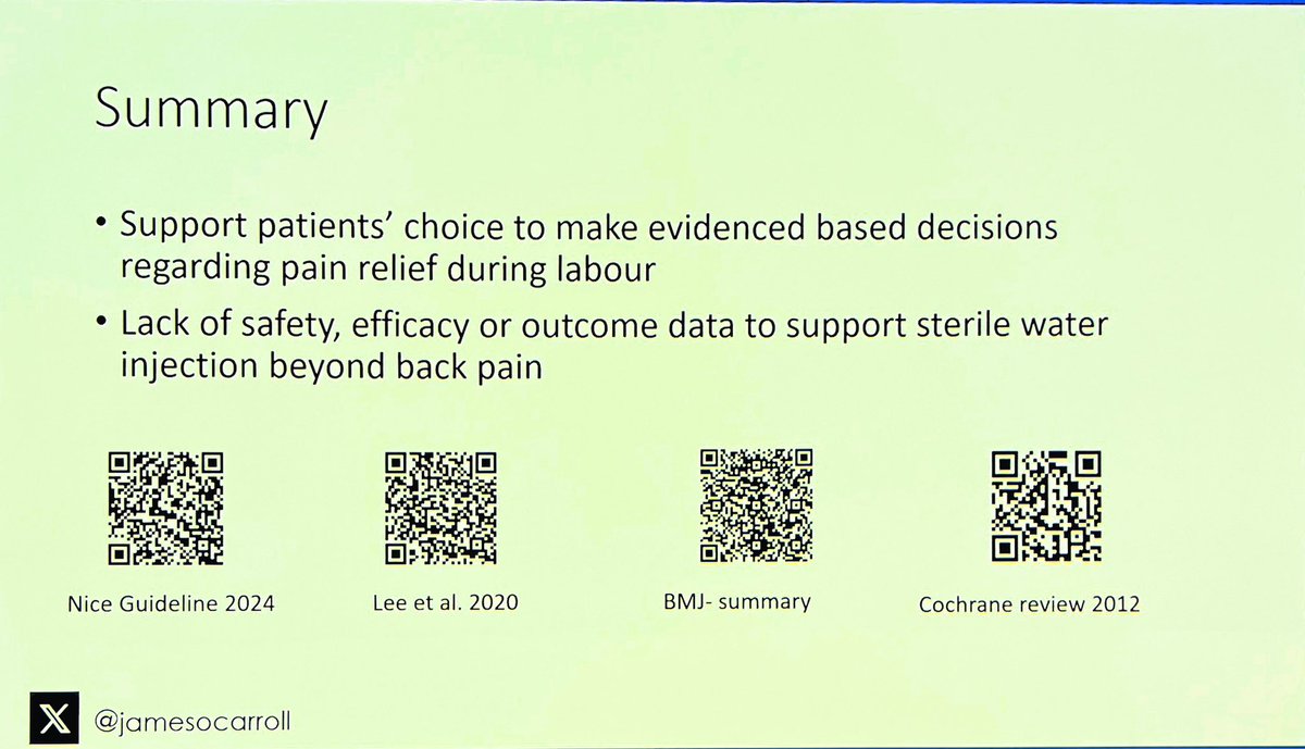 @Jamesocarroll @NICEComms Summary (several sources) - our duty as #OBAnes to support patients in EVIDENCE-based decision making. Too little data beyond back pain for SWI (and even then 😣) #OAA24ASM #OBAnes