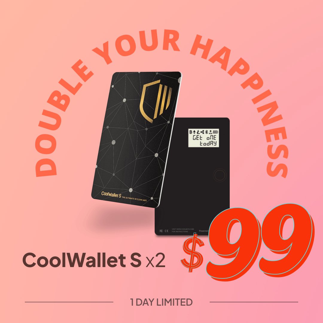 coolwallet's tweet photo. CoolWallet's 10th Anniversary Special 🎉  
Double your happiness 🔒  

One day only, grab the CoolWallet S at a special deal 🉐  

⚠️⚠️ Buy one, get one free ⚠️⚠️  
⚠️⚠️ Buy one, get one free ⚠️⚠️  
⚠️⚠️ Buy one, get one free ⚠️⚠️  

⏰ Time : 5/10 for 24 hours (UTC+8)  
🔗 Checkout : https://t.co/zbdzaL0cKO  

#10thAnniversary #CoolWallet #Cryptocurrency #coldwallet #Bitcoin #eth