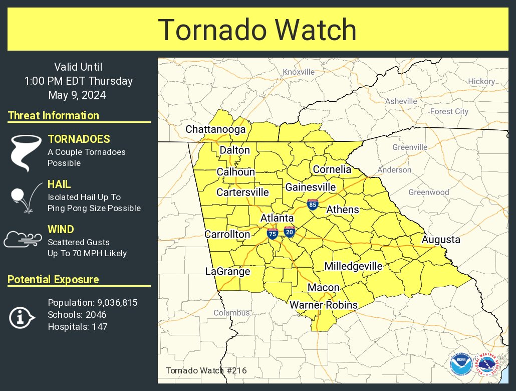 A tornado watch has been issued for parts of Georgia, North Carolina and Tennessee until 1 PM EDT