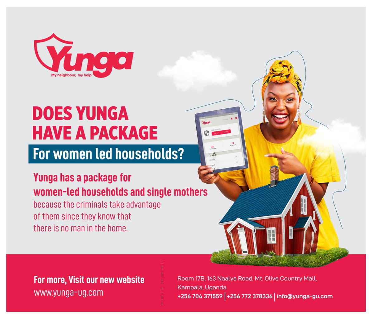 Many of you have asked if Yunga offers packages for women-led households. The answer is YES! We understand the unique security challenges faced by women and single mothers. We've thus tailored a specialized package to provide extra protection. For more👉yunga-ug.com/products/