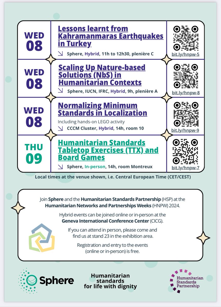Sphere community actively engaged with the Humanitarian Networks and Partnership Week (HNPW) in Geneva ts week. #HNPW2024

Organised various panels to exchange experiences, learn from one another and promote the quality in humanitarian work. 

📢There is still one more this