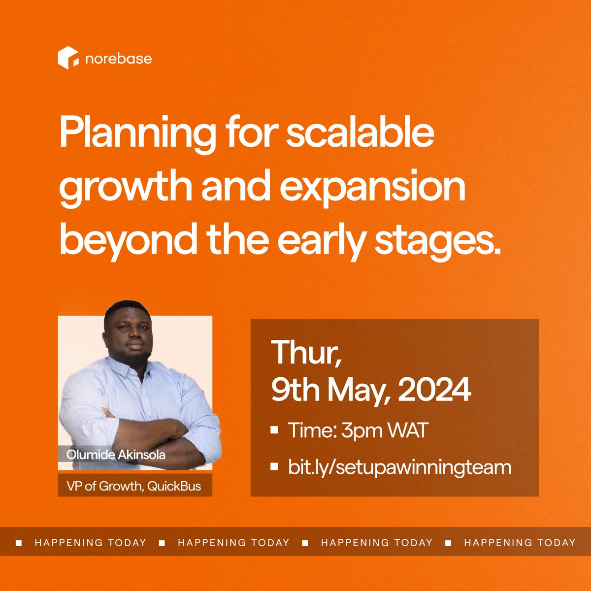 By 3pm WAT today @gboukzi will be sharing growth strategies for scaling and expansion.

To be part of this conversation, register here - bit.ly/scalablegrowth

See you by 3!

#Norebase #StartupFounder #FounderSeries