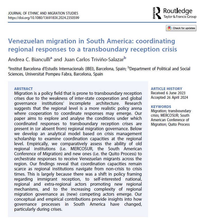 📡 Very happy to share my @scmrjems article co-authored with the fantastic @Andre_Bianculli on coordinating regional responses to a transboundary #receptioncrisis through the case of #Venezuelanmigration in South America. Free copies: tandfonline.com/eprint/5HRXIVQ…