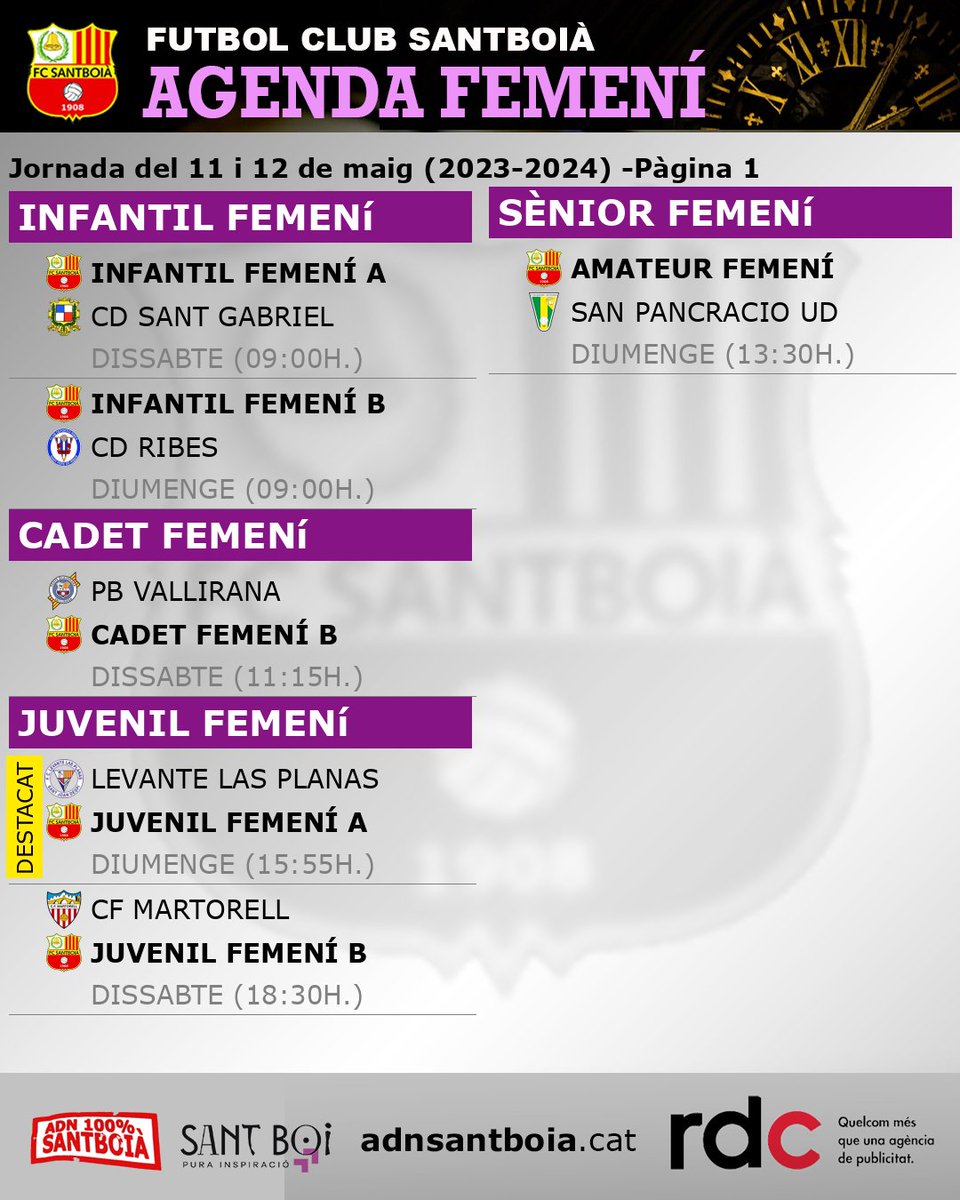 📅 Agenda dels 6 equips femenins Jornada del 11 i 12 de maig (2023-2024). ℹ️ Més informació, cròniques i fotos a adnsantboia.cat #santboi ℹ️ adnsantboia.cat ❤️#adnsantboia