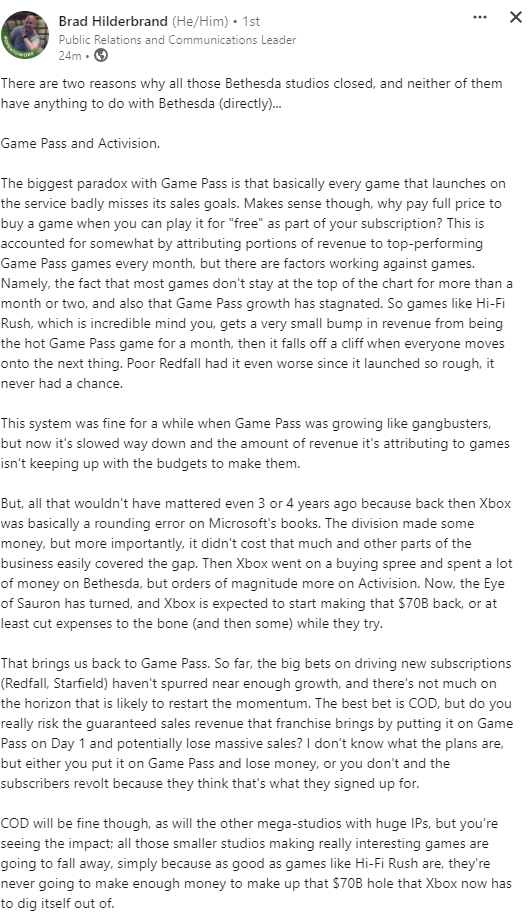 Brad (an ex-Microsoft/EA guy) sums up Bethesda Studios' closures well here 👀