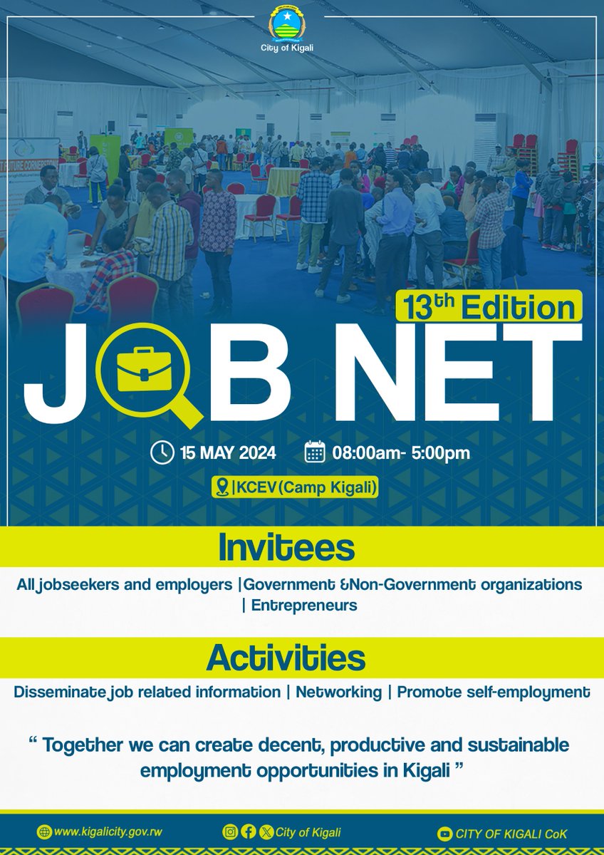 Looking for job opportunities in Kigali? Join us at #KigaliJobNet2024, hosted by the City of Kigali in collaboration with key stakeholders. Mark your calendars for May 15, 2024, at KCEV. Registration Jobseekers: 🔗docs.google.com/forms/d/e/1FAI… Employers: 🔗docs.google.com/forms/d/e/1FAI…