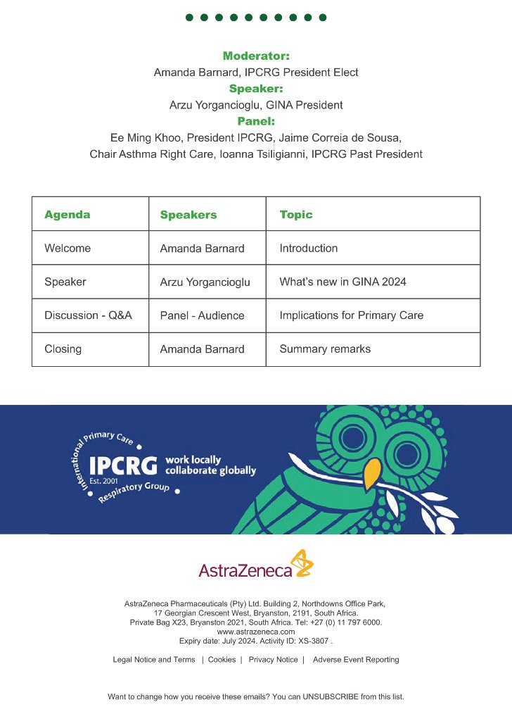 2024 GINA Update: Implications for Primary Care Asthma Right Care Webinar 📅Friday May 10th, 2024 02:30 PM EAT 🩺 Reg Here : astrazeneca.zoom.us/webinar/regist… AstraZeneca | KMA CPD Accredited Webinar