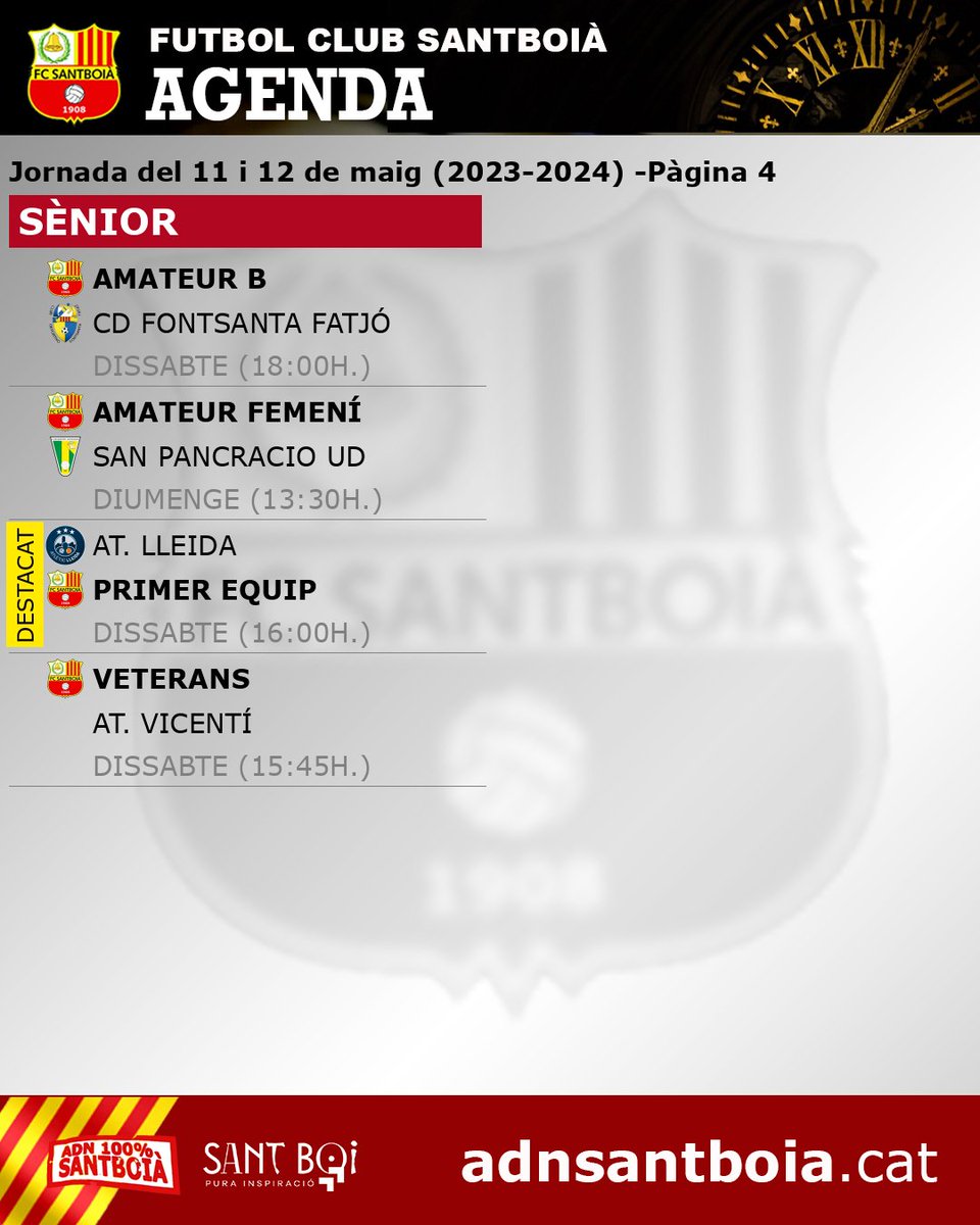 📅 Agenda dels 34 equips Jornada del 11 i 12 de maig (2023-2024). ℹ️ Més informació, cròniques i fotos a adnsantboia.cat #santboi ℹ️ adnsantboia.cat ❤️#adnsantboia