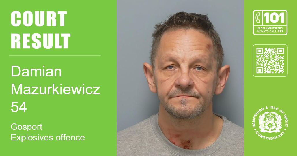 A man who detonated a low explosive device in the presence of police officers in #Gosport has been jailed. Damian Mazurkiewicz, 54, appeared in court yesterday for sentencing. Full details of the case can be read here >>> orlo.uk/3dnWL
