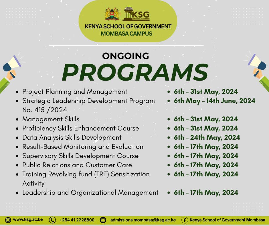 Our Campus is buzzing with activity!
The following programs are currently underway. Our participants are fully engaged, learning and growing.
Explore the complete list of programs on our training calendar: shorturl.at/czSU6 or visit mombasa.ksg.ac.ke for more details.