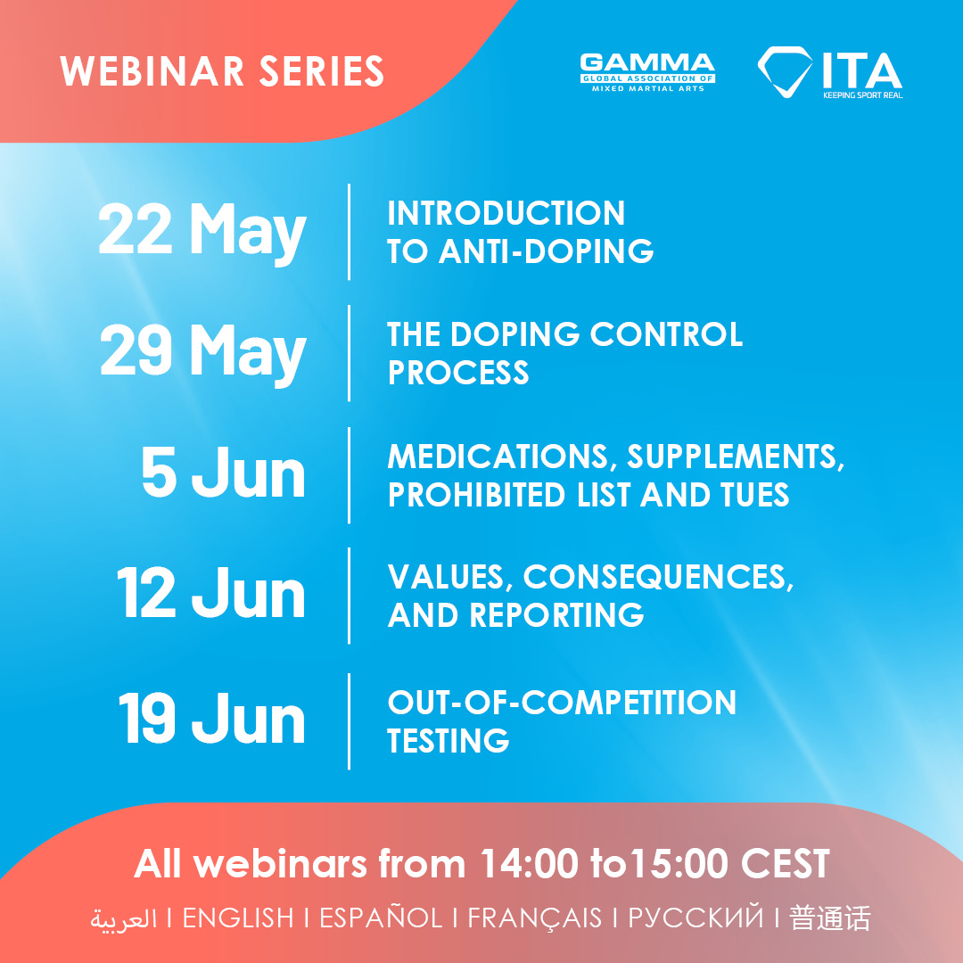 As GAMMA works towards
@wada_ama signatory status, all members are invited to join a five-part, webinar series on anti-doping, organised by our partner, @IntTestAgency
(ITA).

Read more & sign up: bit.ly/3wrXRq9 #mixedmartialarts