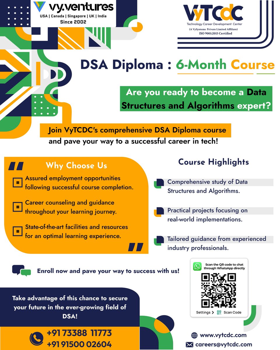 Master Data Structures & Algorithms in just 6 months with VyTCDC's DSA Diploma. Practical projects, industry guidance & assured employment opportunities! 

Enroll now:  vytcdc.com/tcdc-courses/d… 

#vytcdc #TechCareer #DSAExpert #EmploymentOpportunities