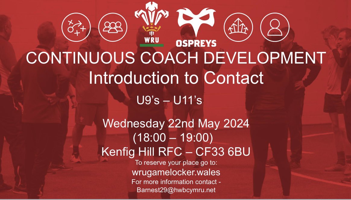 🚨CPD🚨 'Introduction to Contact’ CPD to be run at Kenfig Hill RFC on the 22nd May. To sign up, please log in to the WRU Gamelocker and access the course finder⬇️ wrugamelocker.wales/en/log-in