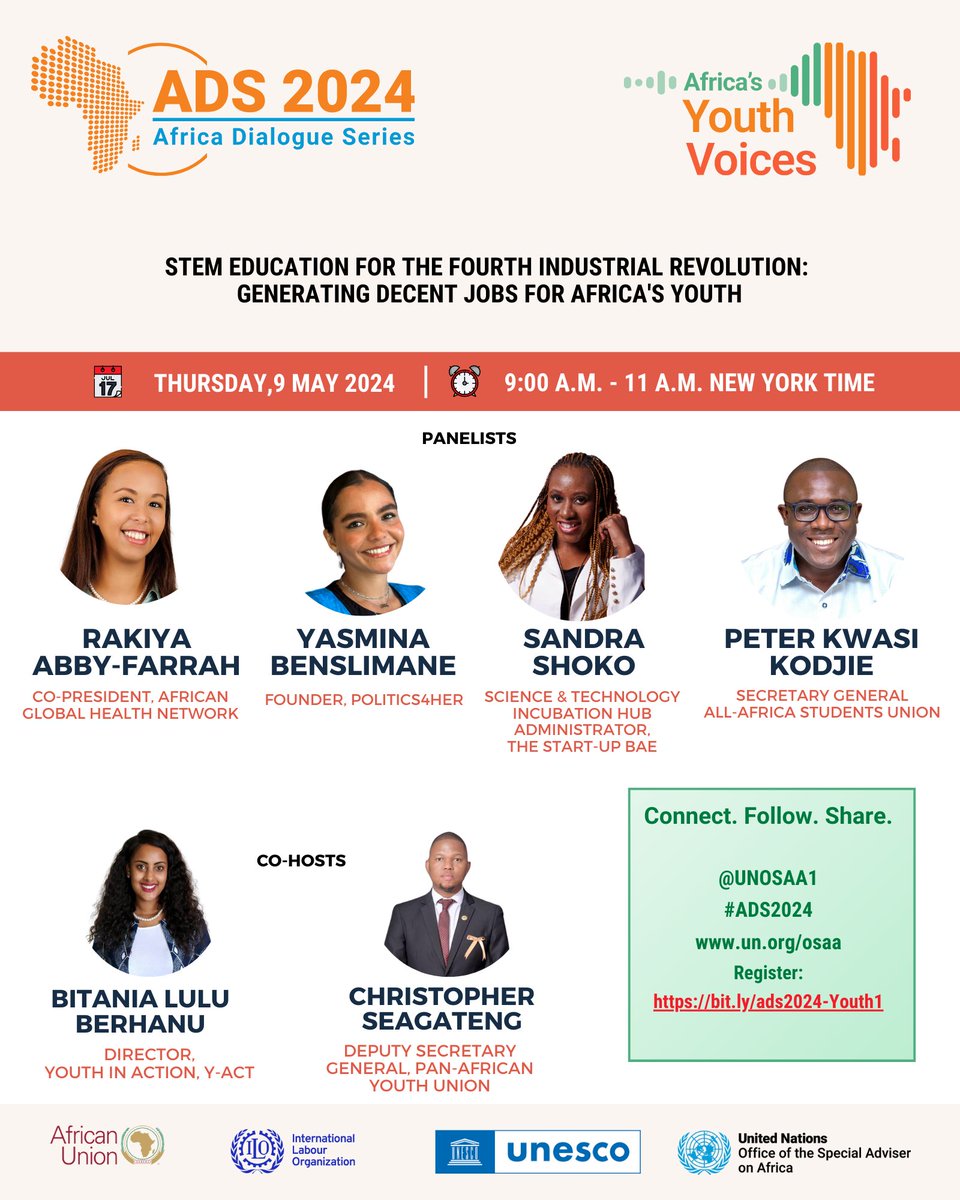 🫵Happening today. At the #ADS2024, @UNOSAA1 & partners will spotlight #Africa's youth, discussing the evolving 4th Industrial Revolution & the impact of #STEM education on quality job opps. @WACOMPGhana is hosting a webinar on Intellectual Property Rights, Trademarks & Patents