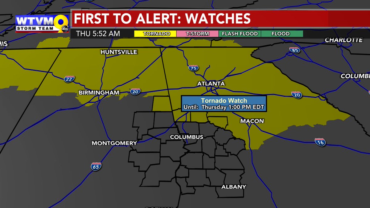 NEW: Tornado Watch for Troup, Meriwether and Upson Counties until 1 PM ET as our first round of storms is moving through north Alabama. They could bring some severe weather around late morning or midday. We also need to watch another wave of storms early Friday morning.