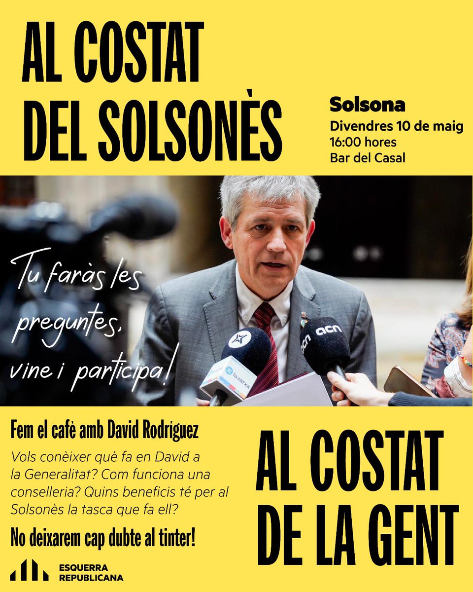 .<a href="/david_drg/">David Rodríguez 🎗</a> fa balanç de la seva tasca al capdavant de la Secretaria de Governs Locals i Relacions amb l'Aran. Demà a les 4 de la tarda al Bar Casal hi haurà l’acte de campanya dels republicans “Fem un cafè amb David Rodríguez” #Solsona @ercsolsones <a href="/ERCSolsona/">ERC Solsona</a>
