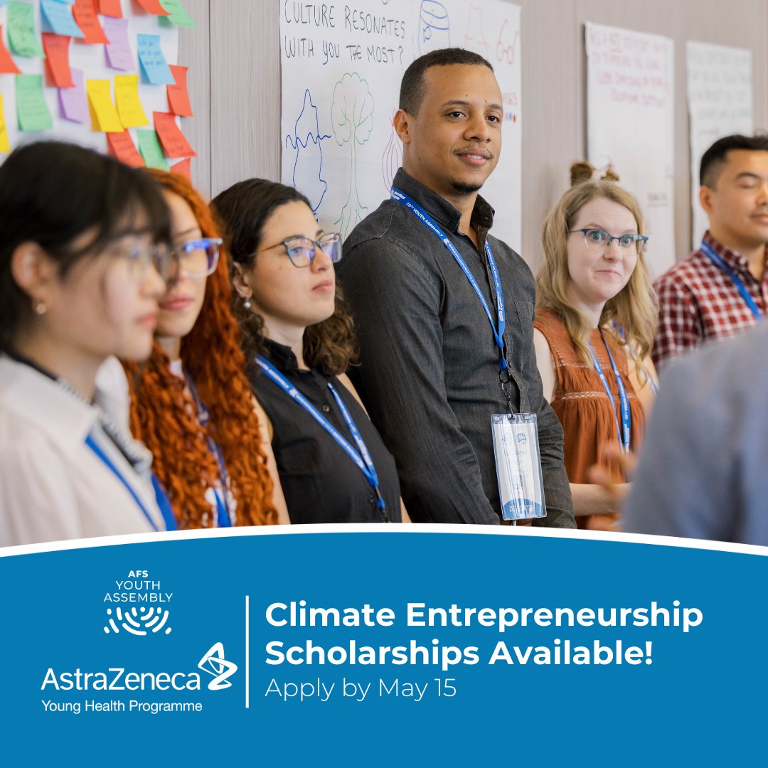 Exciting opportunity alert! We are teaming up with @AstraZeneca to provide scholarships for the Climate Entrepreneurship Academy at the upcoming AFS Youth Assembly.

Apply by May 15! youthassembly.org/astrazeneca-sc… 

#YA29 #scholarships #health #climate #youth