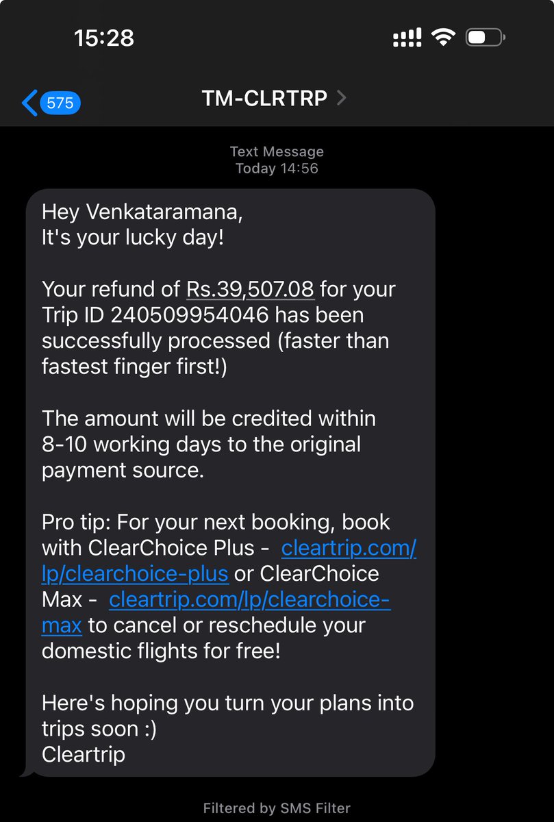 venkat_jv's tweet photo. ⁦@Cleartrip⁩ - please explain how this is my lucky day. You’ve taken money off my account, haven’t managed to book my tickets and will take 8-10 days to return my money. #horrible #badcustomerservice https://t.co/6YzMVtKfP0