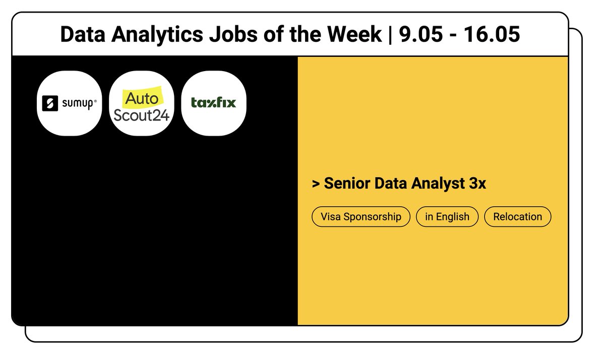 Hey all👋

This week we have 3 great hand picked Data Analyst positions in📍Germany (w/ visa sponsorship):

- AutoScout24 (online car market)
- @SumUp (fintech)
- @taxfix_de (tax consultancy app)

Check and apply: datajob.io/search/data-an…