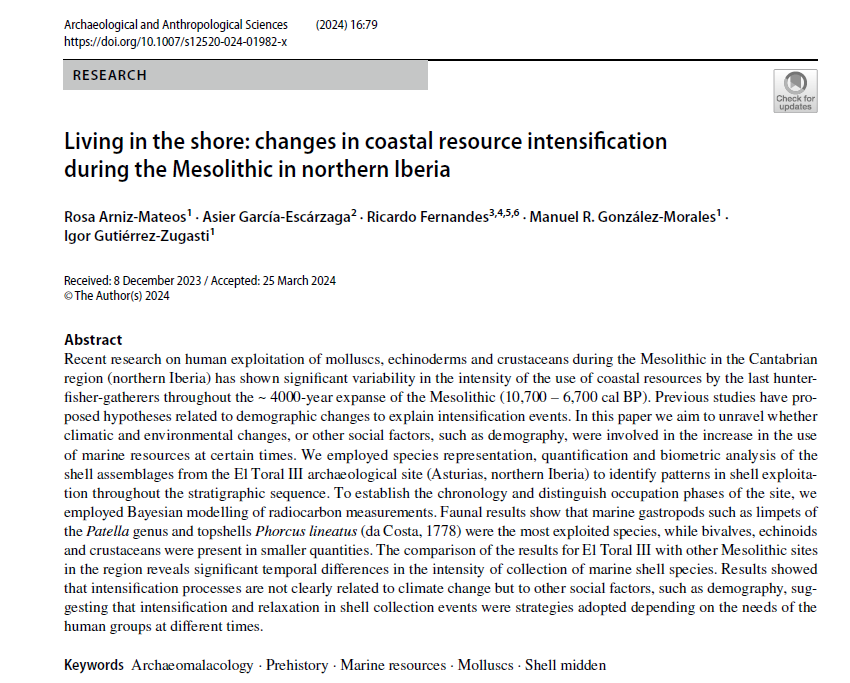 Happy to share our new paper! Our study has demonstrated that Mesolithic populations exploited marine resources with varying intensity throughout the period 🐚🌊

#OpenAccess 
🔗link.springer.com/article/10.100…