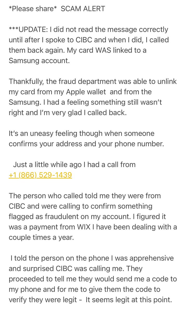 Ashley_LBMCOC's tweet photo. SCAM Alert! Please share! #nltraffic @BellAliant @RNC_PoliceNL @RCMPNL @cibc I admit due to being busy I didn’t fully read the message in the text &amp; that was a mistake that could of cost me. Don’t do what I did. @VOCMOpenline  @BenClearyNL @bailzhoward @juanitamercer_ https://t.co/BMfnNsEIp3