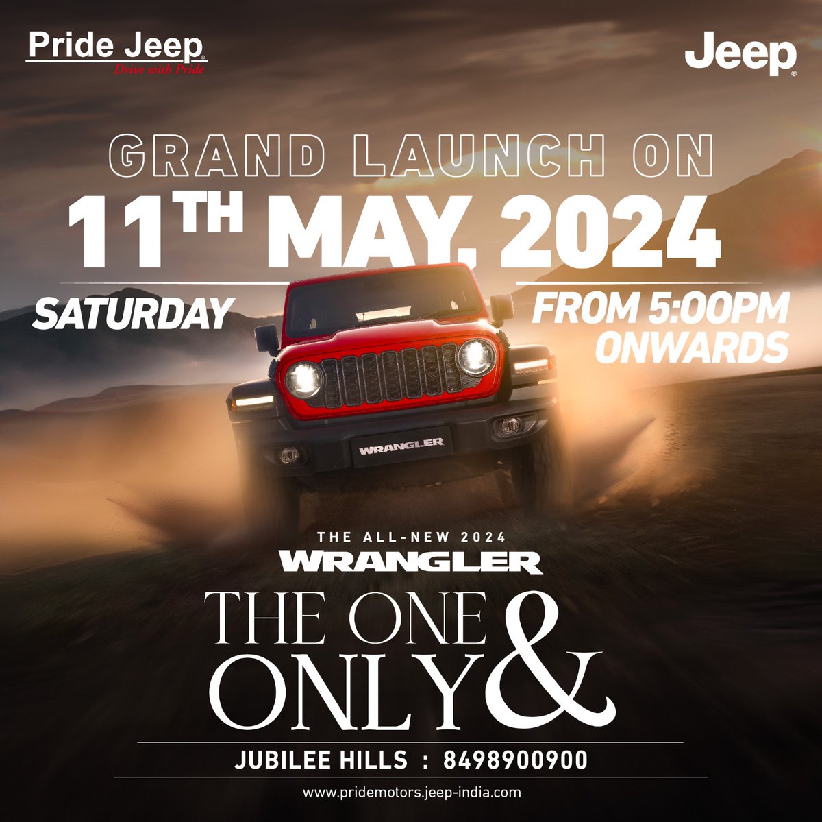 The ultimate adventure is on its way. Stay tuned for the big reveal. Buckle up, because this is going to be one unforgettable ride!

#Pridejeep #PrideJeepHyderabad #jeepcars #jeeplife #jeepindia #suv #suvcars #jeepsuv #jeepwrangler #wrangler #wranglerlovers #jeepwranglerrubicon