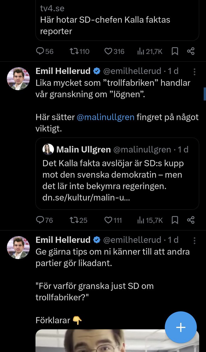 PlainviewLegacy's tweet photo. Kalla Faktas @emilhellerud X 2024  

JANUARI
1 tweet om tunnelbana
1 tweet om KD
FEBRUARI
1 tweet om @kallafakta
MARS
1 tweet om A1
APRIL
1 tweet om "Trollfabriken"
Maj, 9 dagar in:
17 tweets om "Trollfabriken"

18 av 22 tweets är 18 om nothingburgern "Trollfabriken".
#Desperat https://t.co/RGFt91ptfj