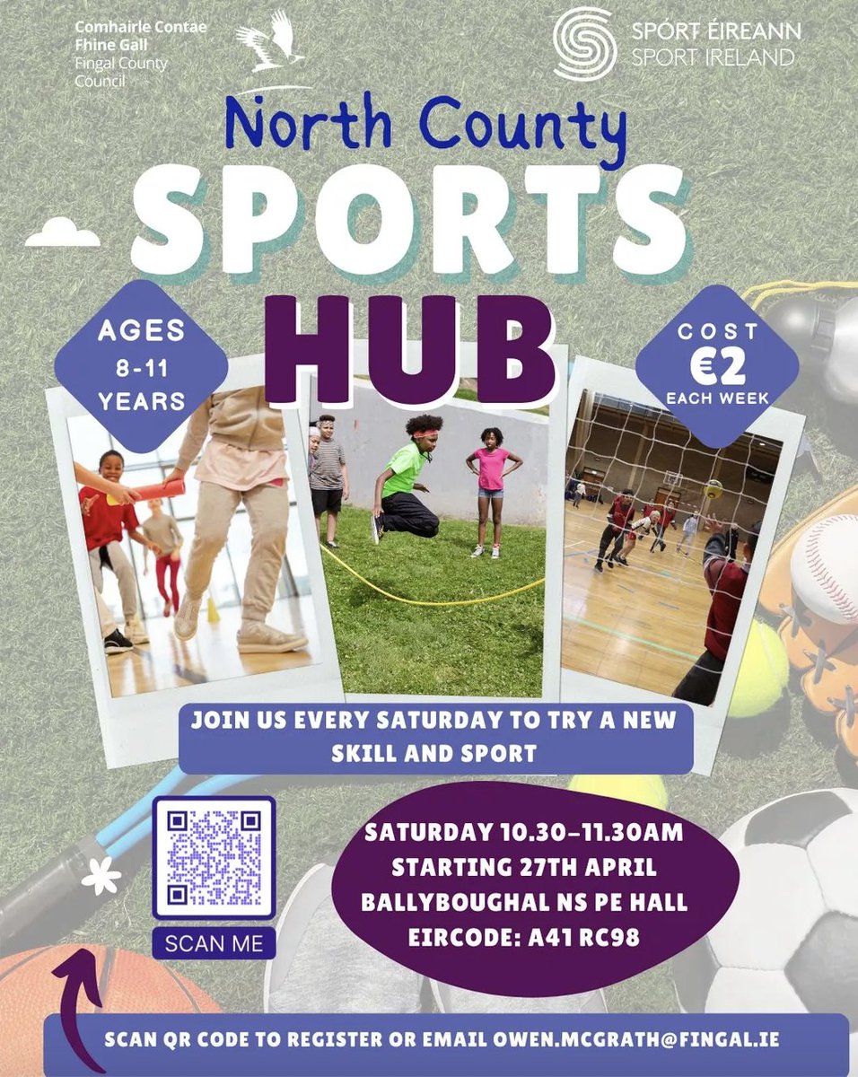 Fingal Sports Office will be delivering a Sports Hub programme offering children 8-11 years multi sport tasters each week to try new fun skills and drills. 📍 Location: Ballyboughal NS, Eircode A41 RC98 🗓️ Every Saturday 🕐 Duration: 10.30am - 11.30am 👉 bit.ly/NCSportsHub