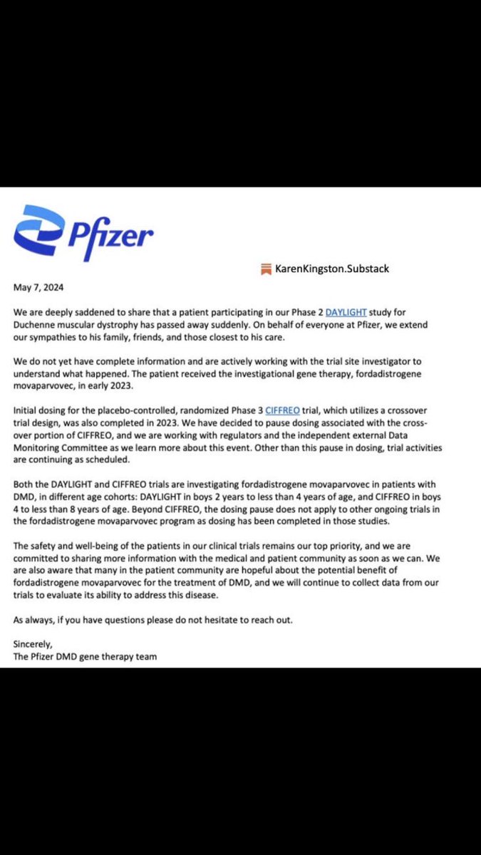 Toddler Boy Dies of Cardiac Arrest in Pfizer Experimental Gene Therapy Trial; Pfizer issues a statement pausing trial A young boy died to cardiac arrest after receiving  Pfizer’s recombinant adenovirus gene editing therapy in a mid-stage trial for Duchenne muscular dystrophy…