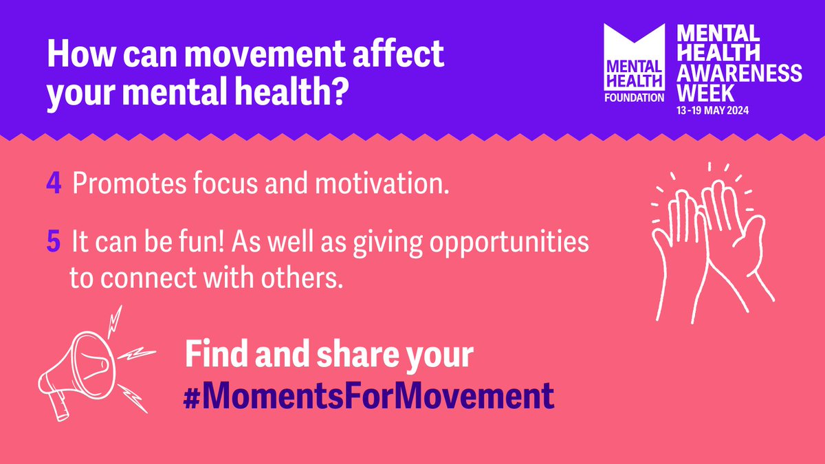 Movement isn't just good for physical health - it's great for mental well-being too. Being active triggers 'feel-good' hormones that reduce stress and anger and boosts mental health. Let's make #MomentsForMovement for a healthier mind and body! 💜 #MentalHealthAwarenessWeek