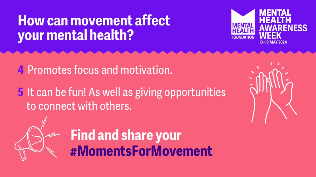 mentalhealth's tweet photo. Movement isn't just good for physical health - it's great for mental well-being too.

Being active triggers 'feel-good' hormones that reduce stress and anger and boosts mental health.

Let's make #MomentsForMovement for a healthier mind and body! 💜

#MentalHealthAwarenessWeek https://t.co/9oess02vQl