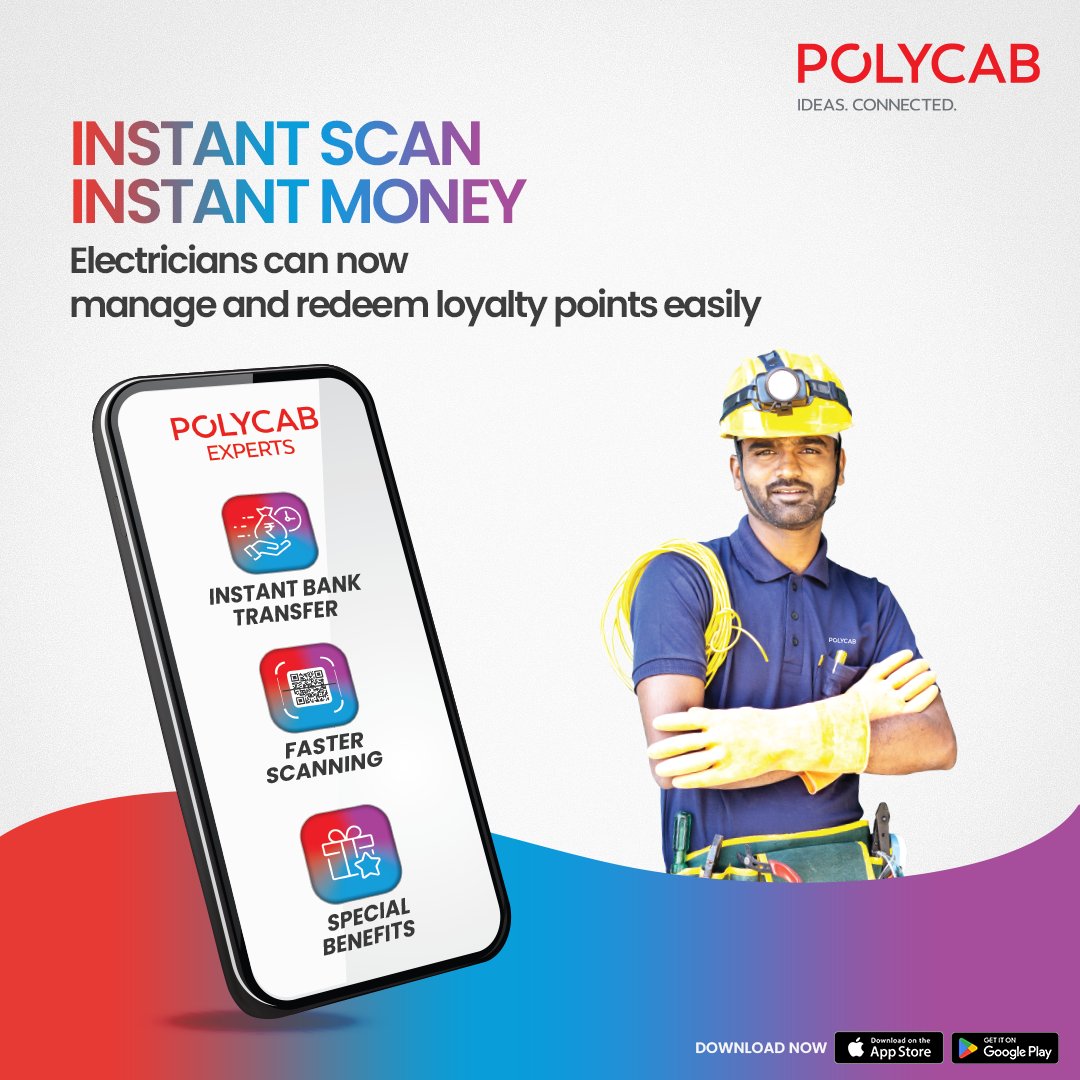 Electricians can easily manage and redeem points with the Polycab Experts App! With features like fast scanning and instant redemption, Polycab Experts App will help them grow their business! Visit: bit.ly/3UyGyLY #Polycab #IdeasConnected #PolycabExpertsApp