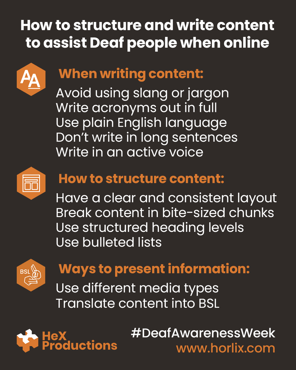 Some #Deaf people who use British Sign Language (BSL) as a first language can struggle to read written English. This is due to #BSL having a different grammatical structure. Learn how to write clear and consistent, accessible content: zurl.co/dFbo #DeafAwarenessWeek