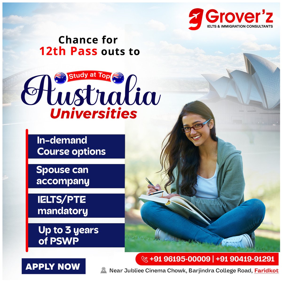 Attention 12th Pass Graduates! 🇦🇺 Study & Live in Australia! Thinking about studying abroad after 12th? Consider top Australian universities! Plus, bring your spouse! ☎️ 09041991291 . . . #GroverzIeltsImmigration #AustralianEducation #StudyWithSpouse