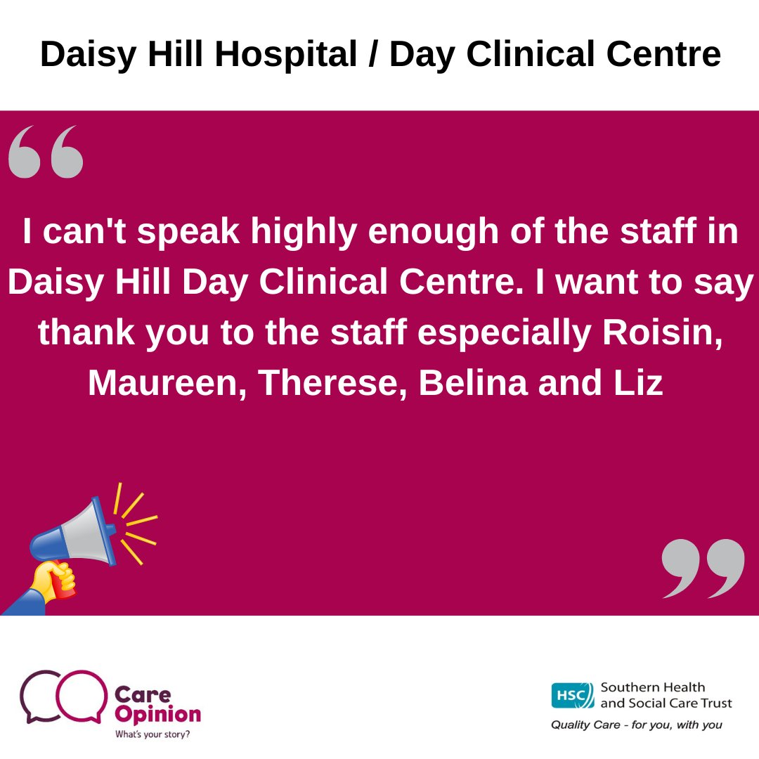 Our amazing staff in our Clinical Day Centre in Daisy Hill Hospital were able to put a service user at ease when they came for their appointment. Click the link for the full story below on @CareOpinion pulse.ly/qmjmpt2aah #teamSHSCT