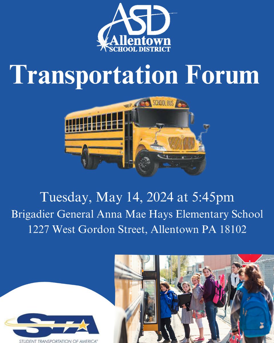 Reminder! Next week the Allentown School District will host a Community Forum to introduce our new Transportation provider to the community and share important improvements in this department for the 2024-2025 school year. All are welcome!